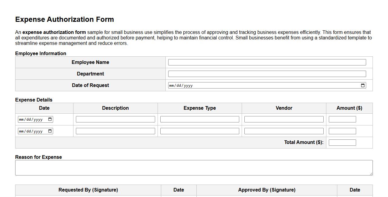 expense authorization form sample for small business use image preview