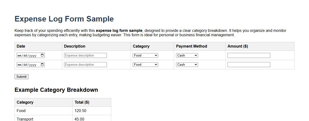 expense log form sample with category breakdown image preview