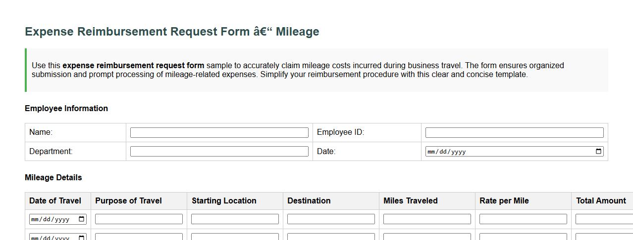 Expense reimbursement request form sample for mileage image preview