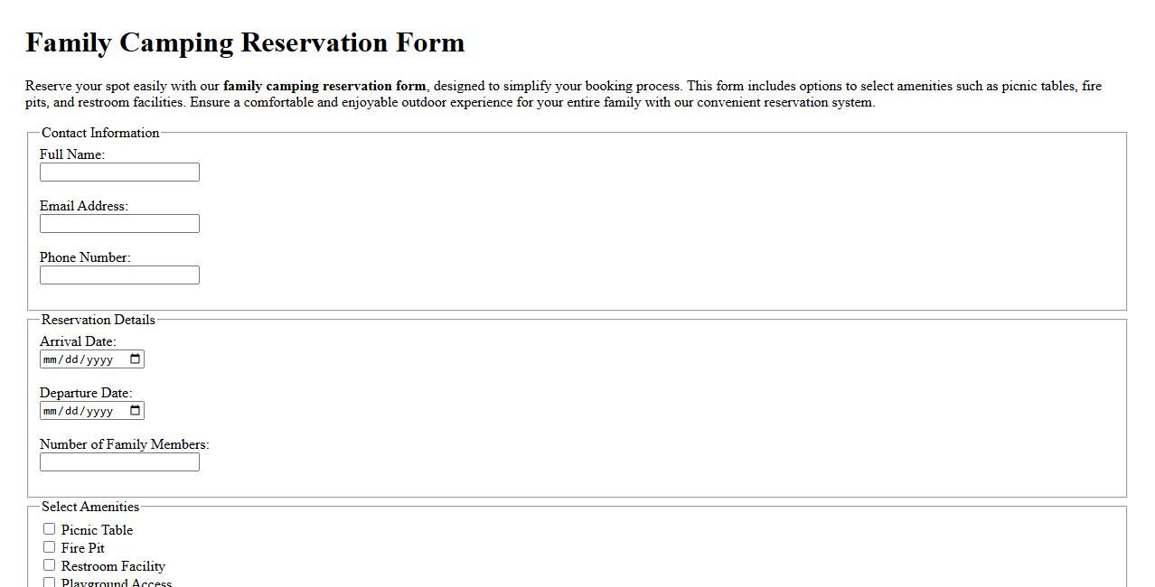 family camping reservation form sample with amenities image preview