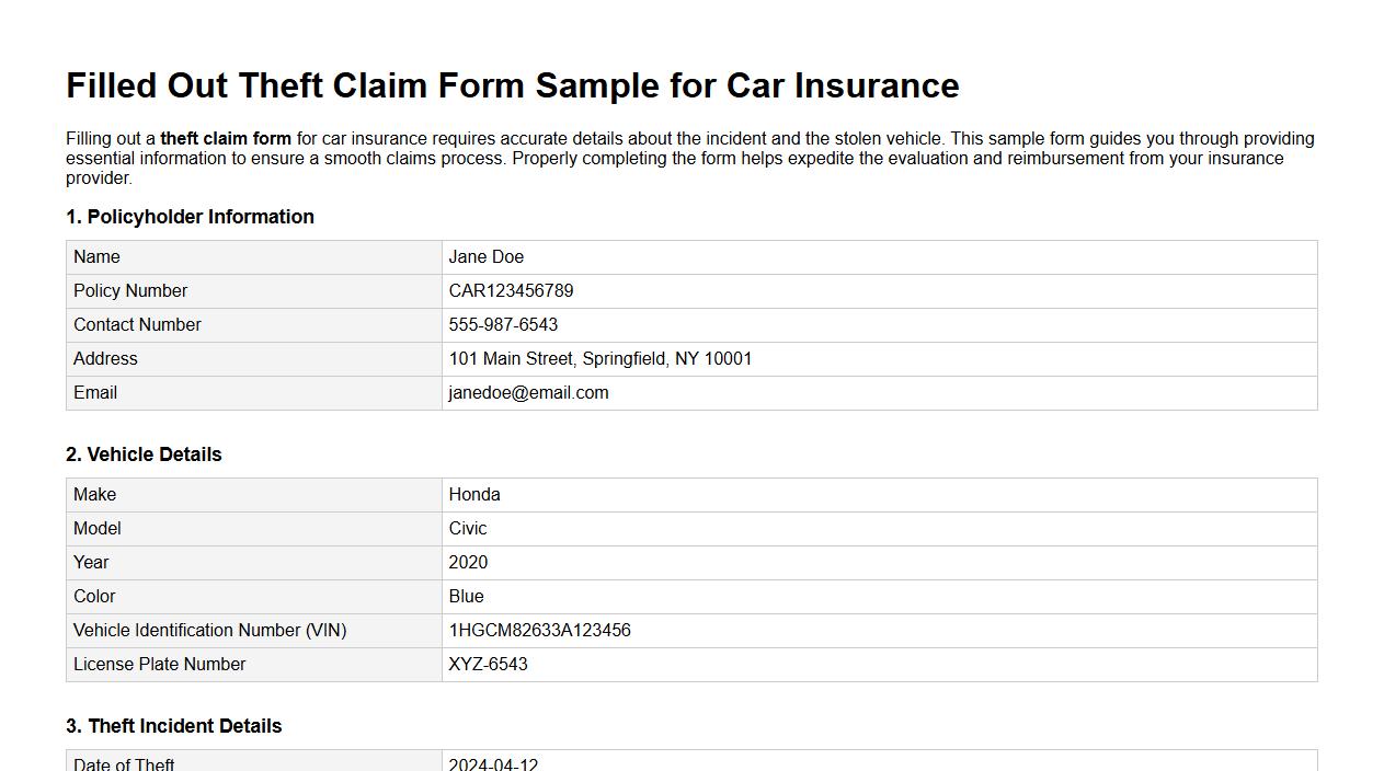 filled out theft claim form sample for car insurance image preview