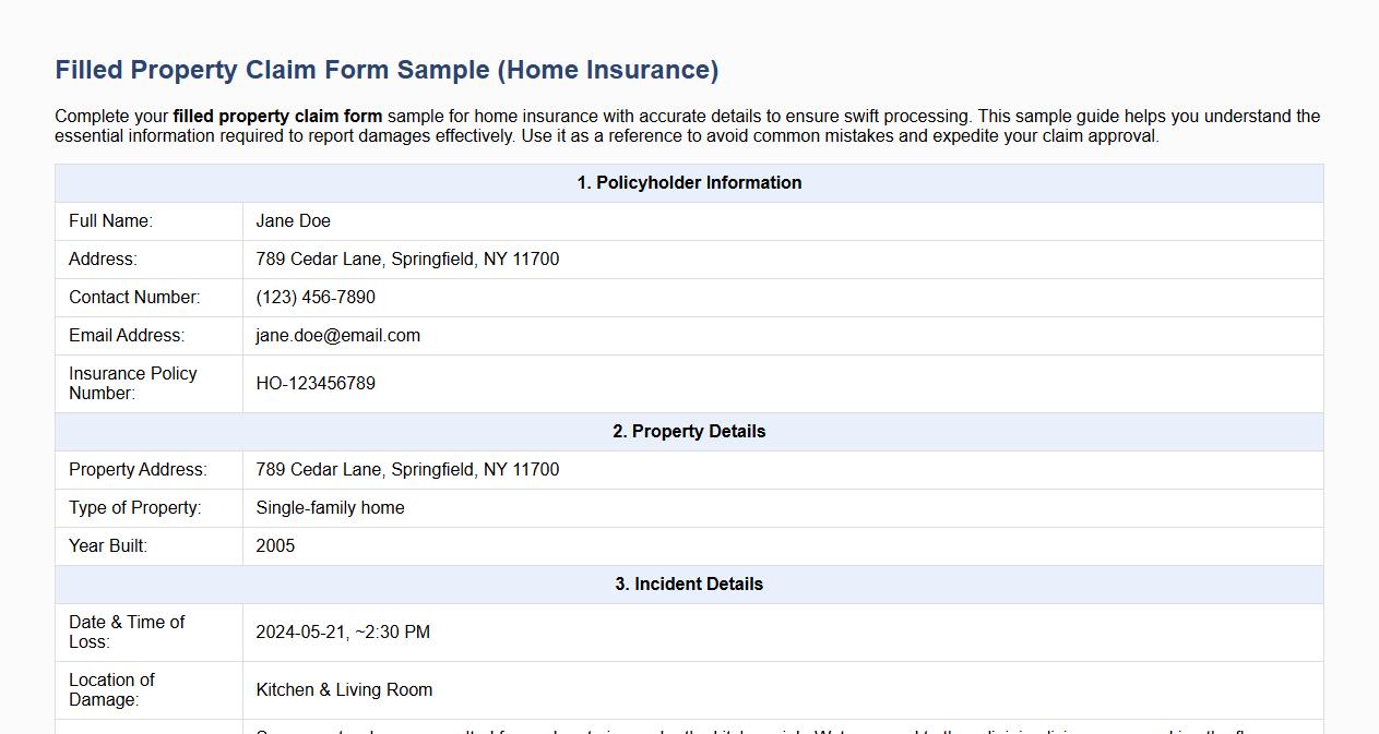filled property claim form sample for home insurance image preview