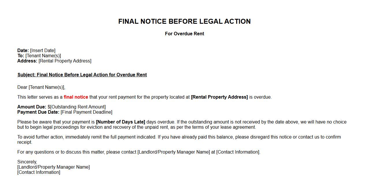 Final notice before legal action template for overdue rent image preview