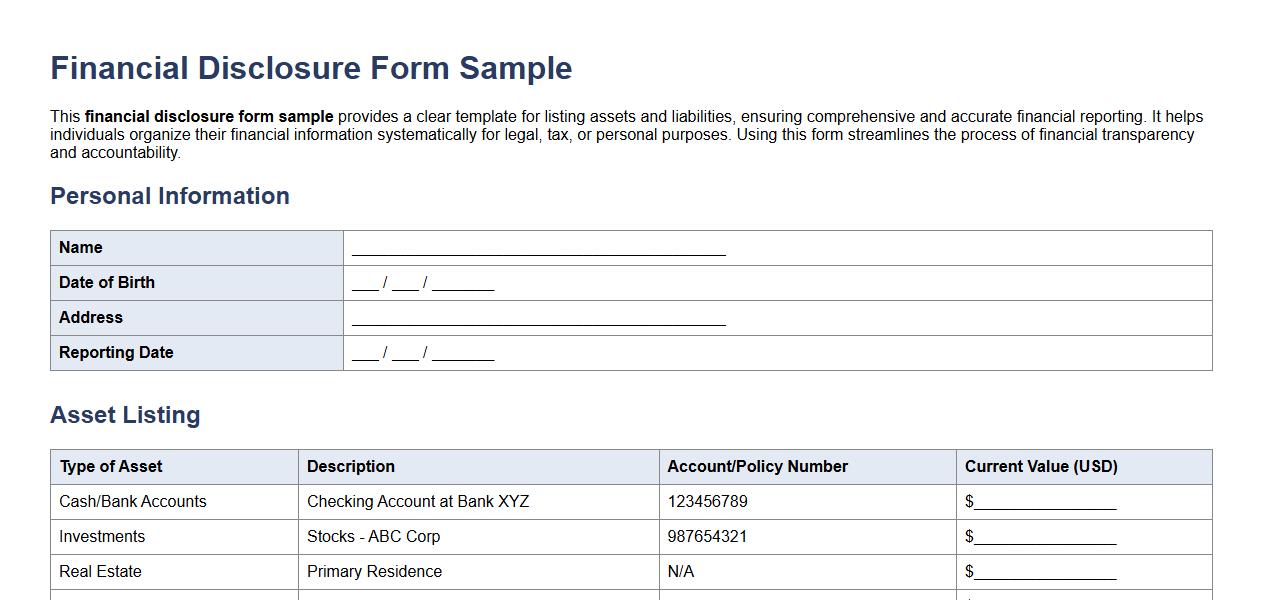 financial disclosure form sample with asset and liability listing image preview