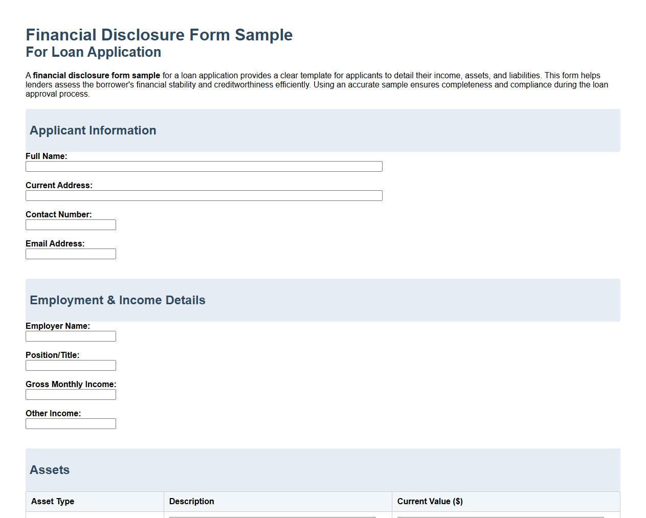 financial disclosure form sample for loan application image preview