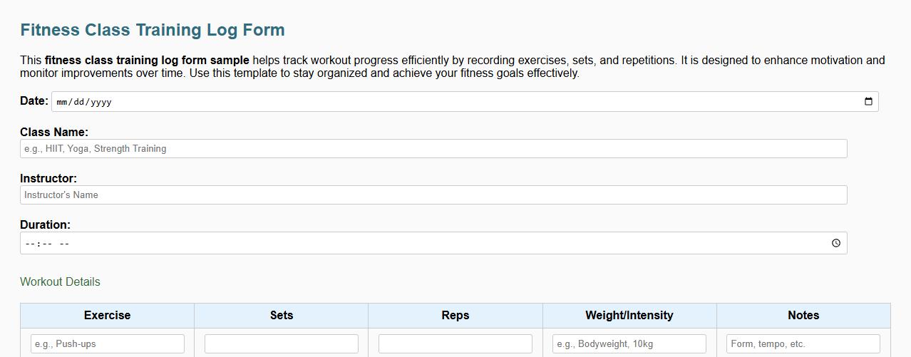 fitness class training log form sample image preview