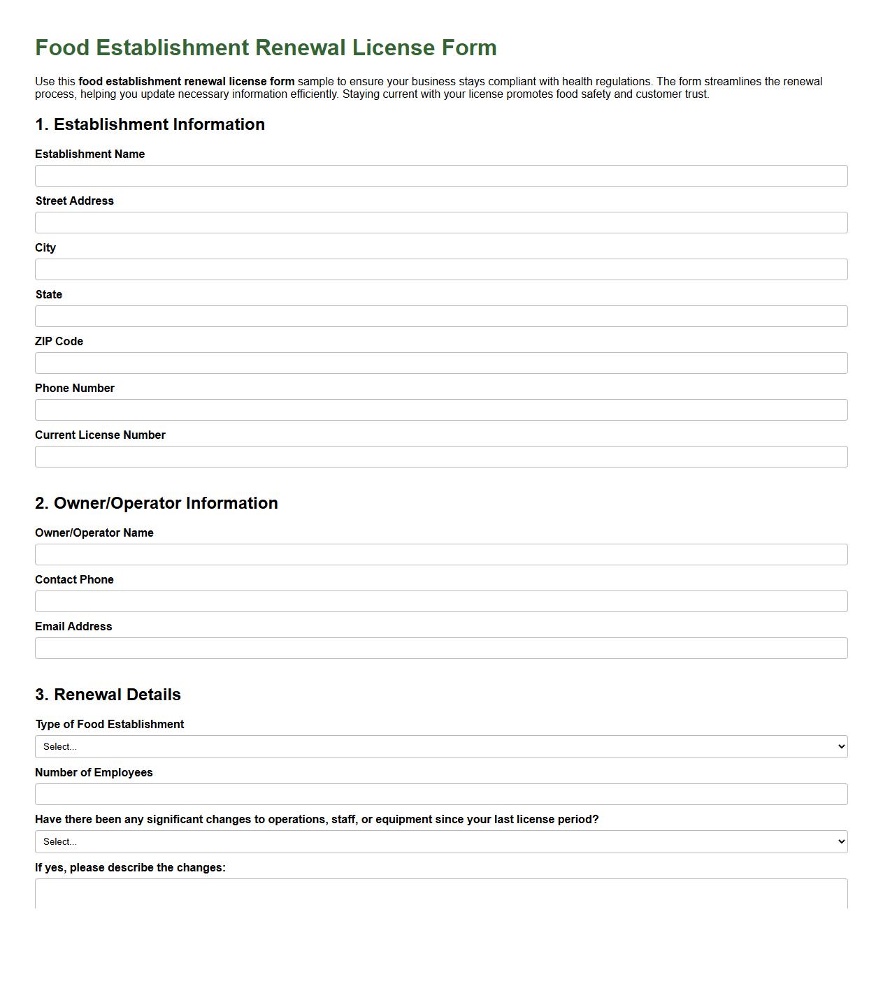 Food establishment renewal license form sample image preview