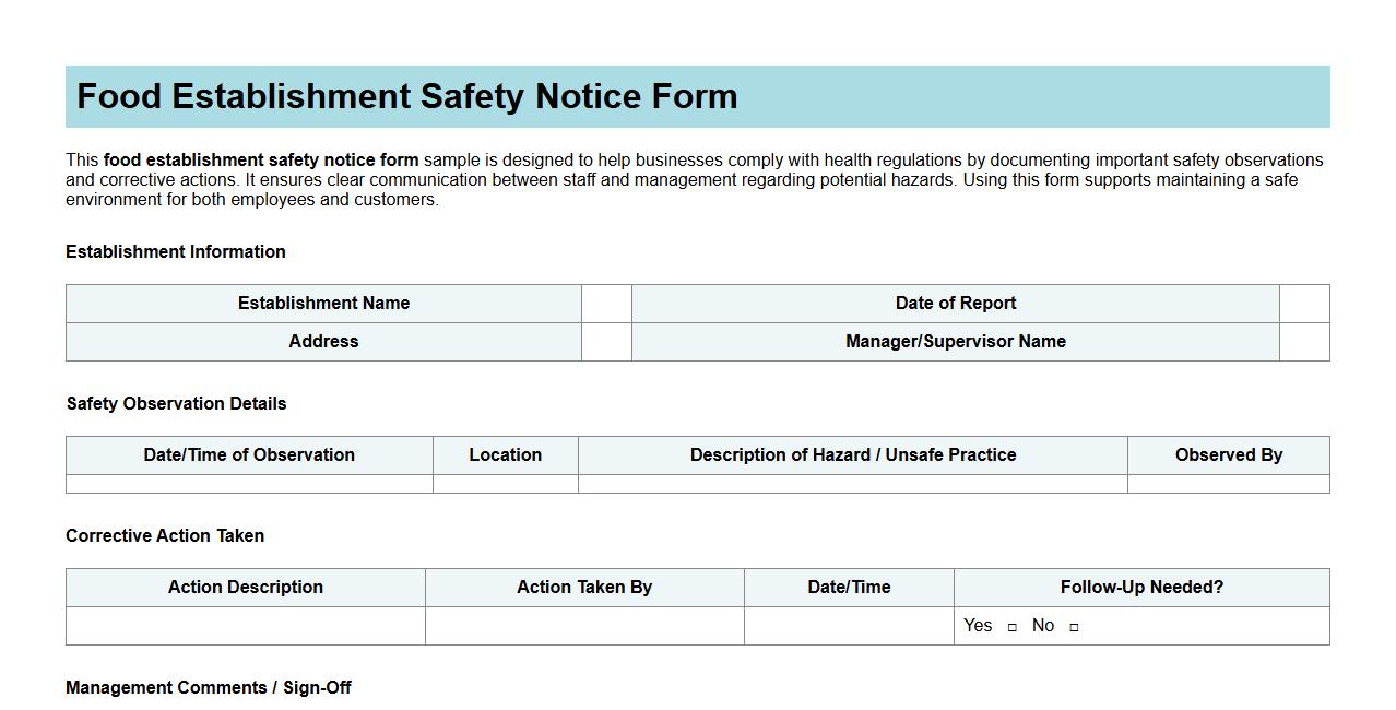 food establishment safety notice form sample image preview