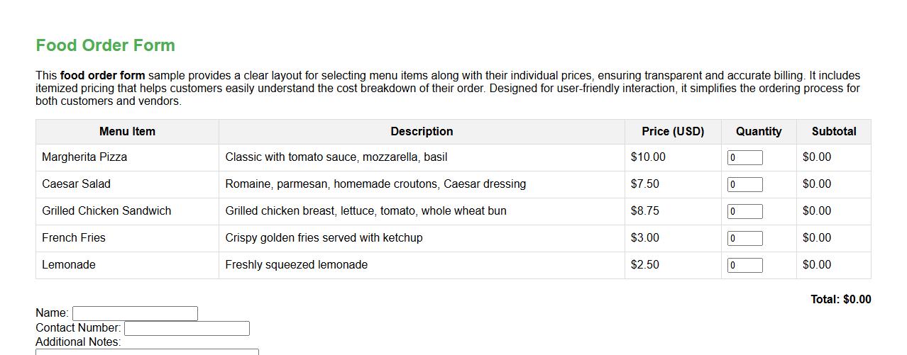 Food order form sample with itemized pricing image preview