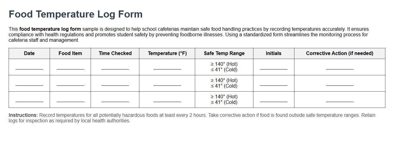 food temperature log form sample for school cafeterias image preview