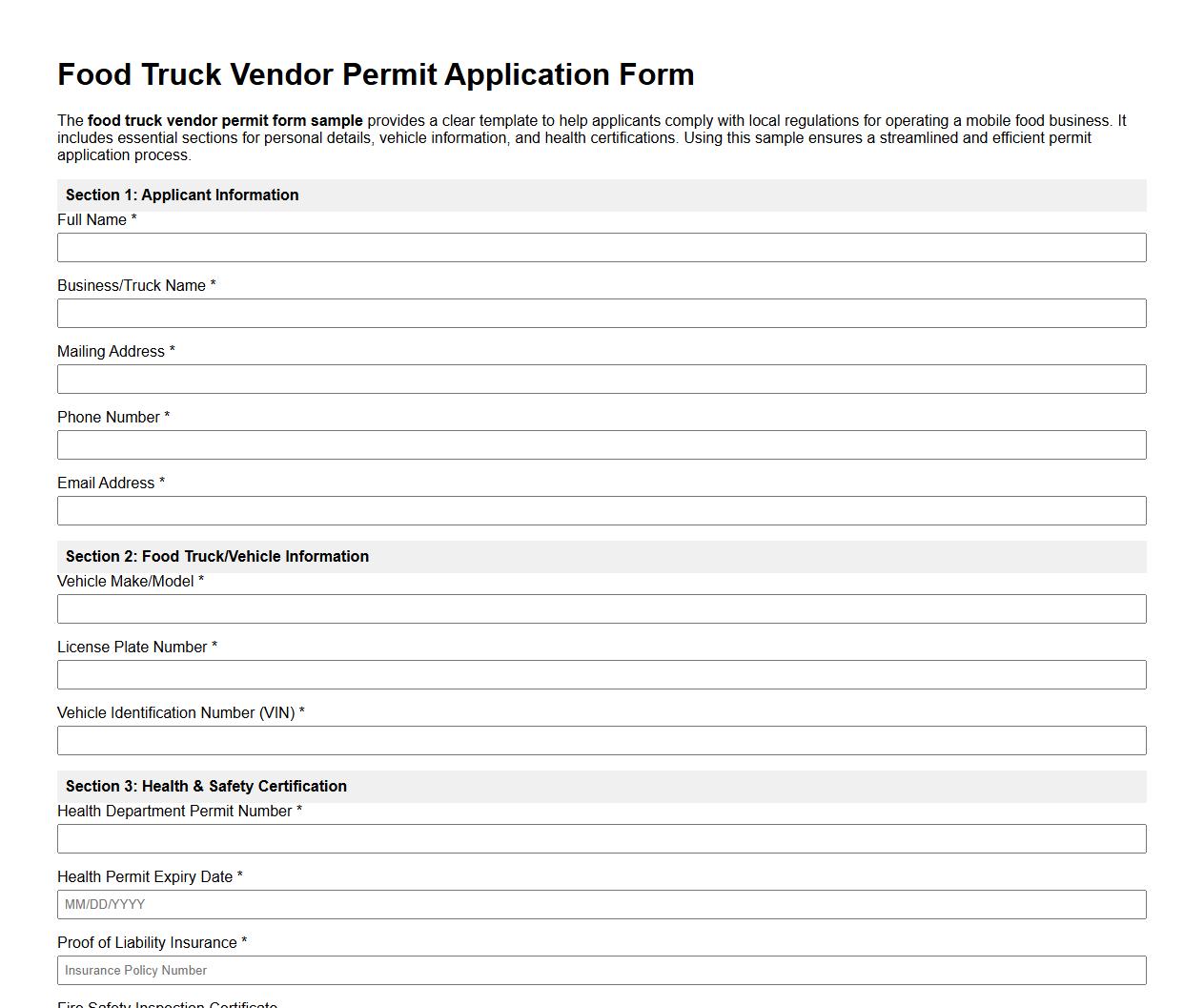 food truck vendor permit form sample image preview