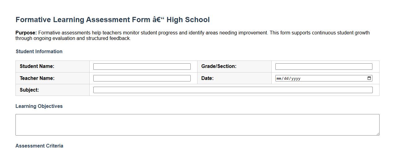formative learning assessment form sample for high school image preview