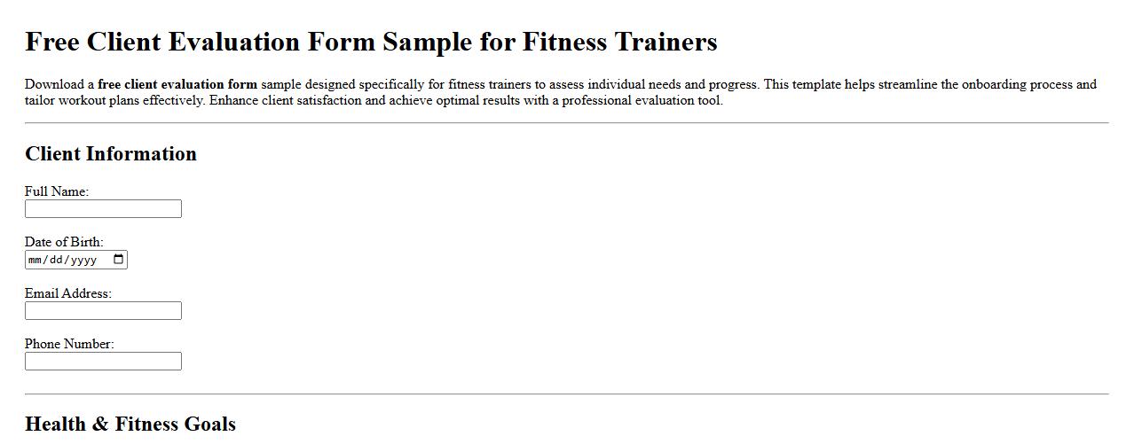 Free client evaluation form sample for fitness trainers image preview