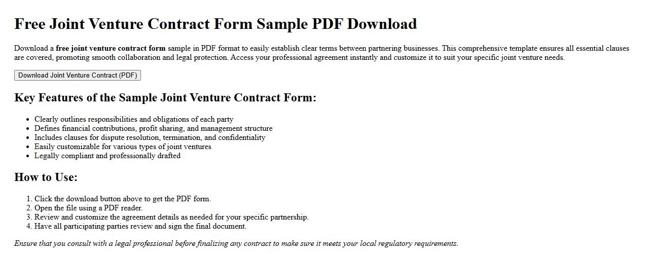 free joint venture contract form sample PDF download image preview