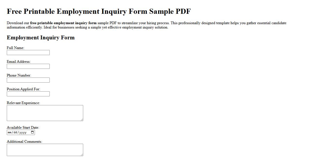 free printable employment inquiry form sample PDF image preview