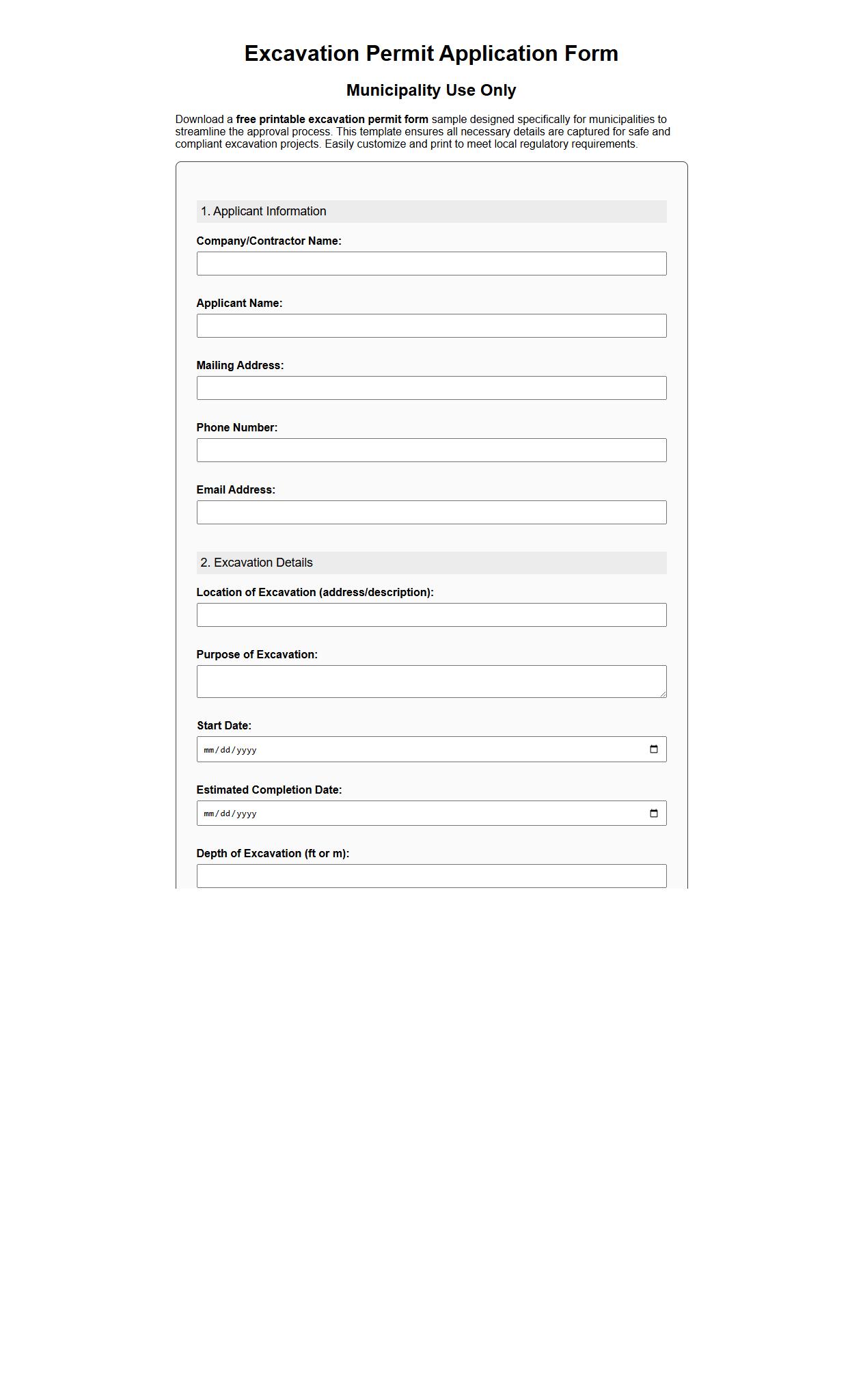 free printable excavation permit form sample for municipalities image preview