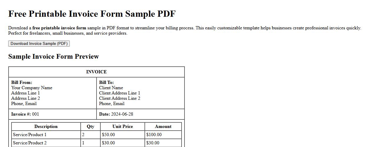 Free printable invoice form sample PDF image preview