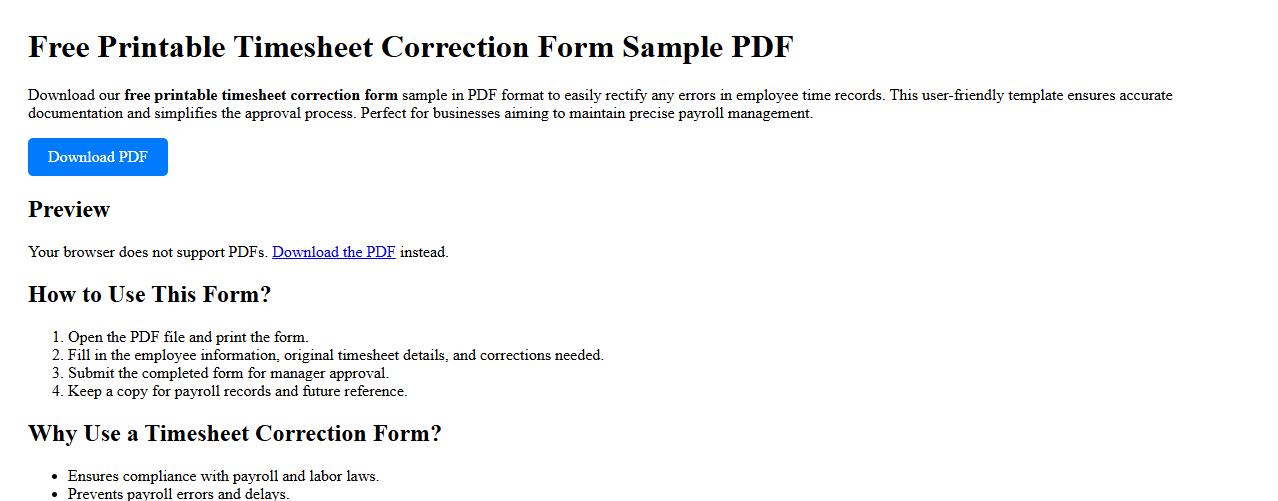 Free printable timesheet correction form sample PDF image preview