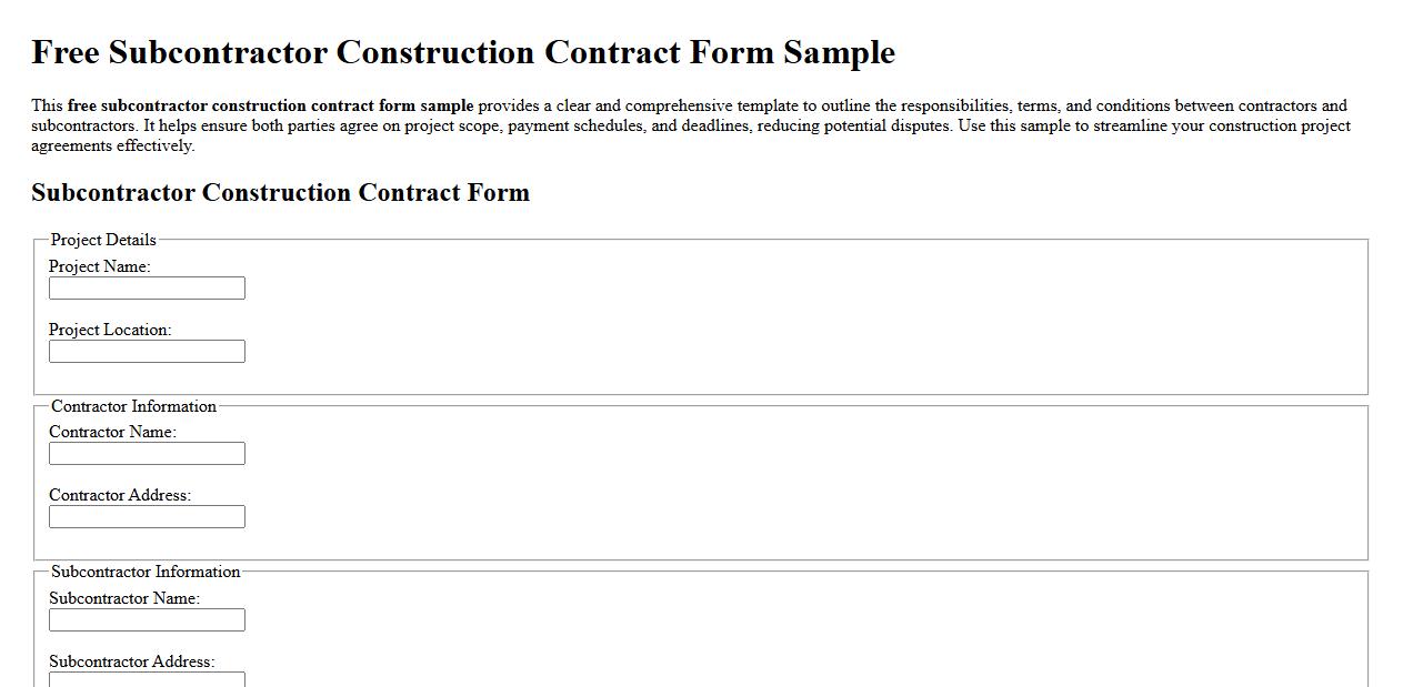 Free subcontractor construction contract form sample image preview