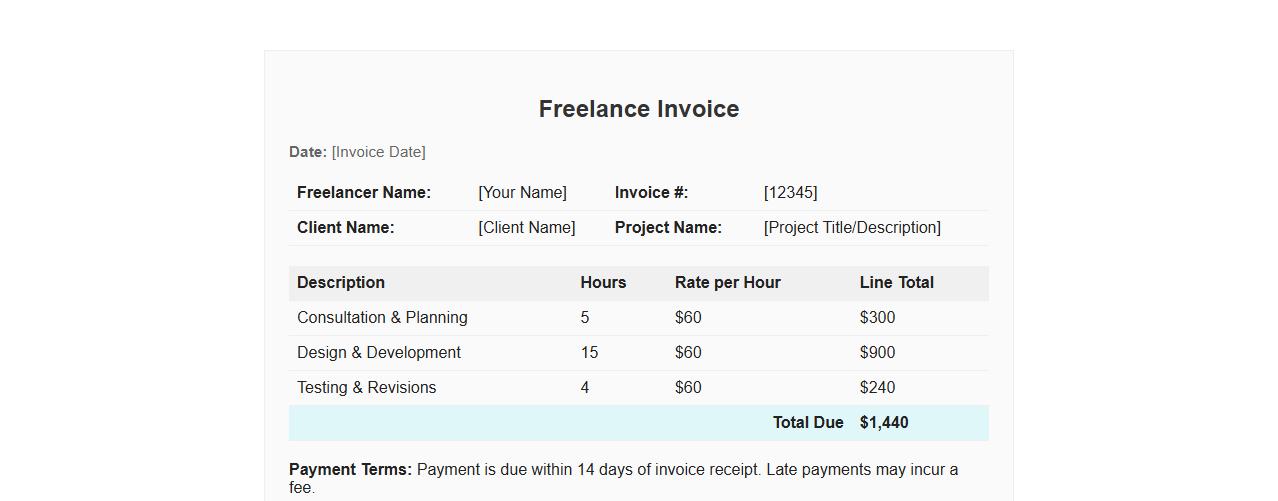 Freelance invoice form sample with hourly rate breakdown image preview