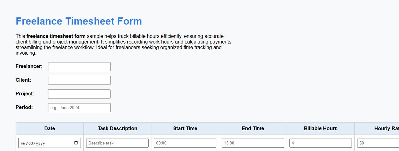 Freelance timesheet form sample with billable hours image preview