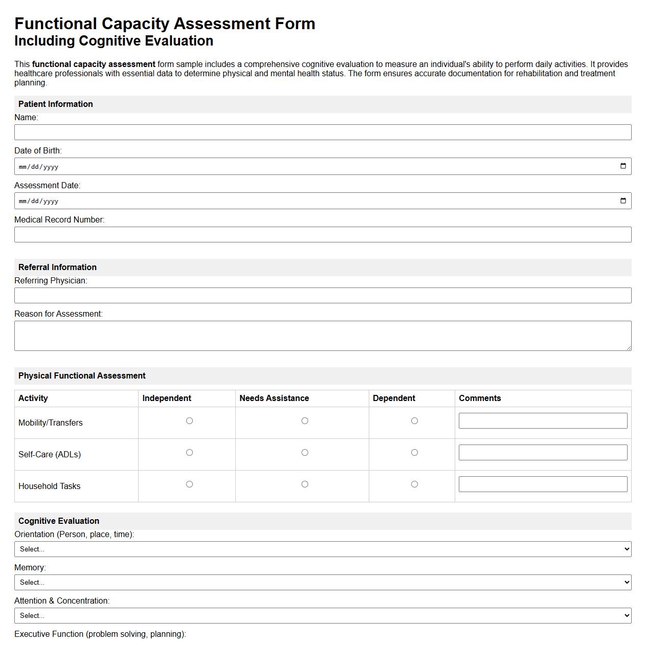 Functional capacity assessment form sample with cognitive evaluation image preview