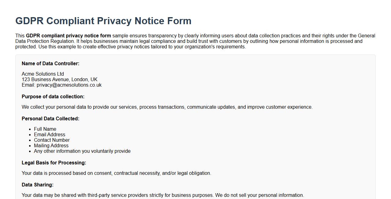 GDPR compliant privacy notice form sample image preview