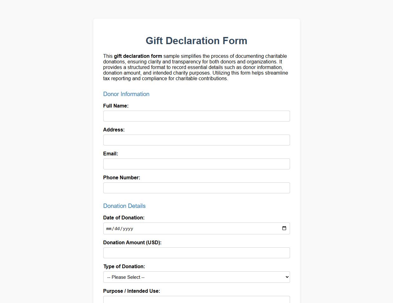 Gift declaration form sample for charitable donations image preview