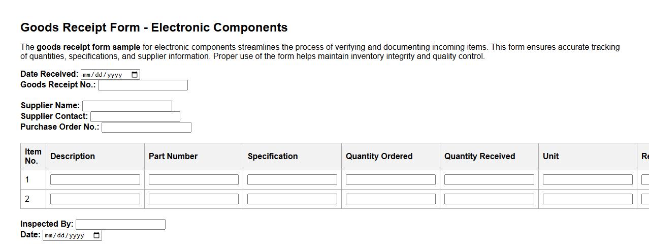 Goods receipt form sample for electronic components image preview