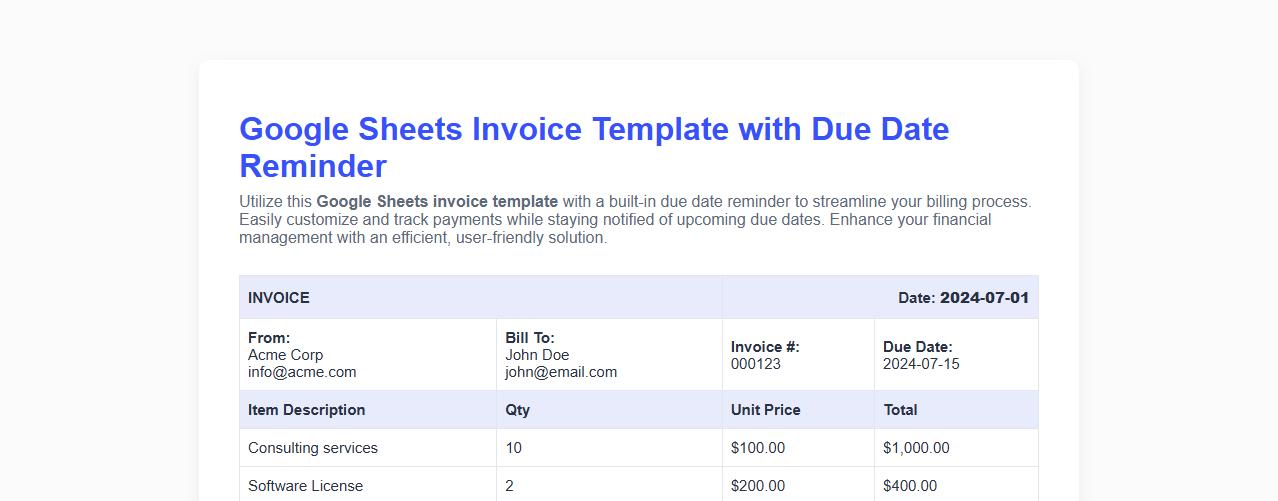 Google Sheets invoice template with due date reminder image preview