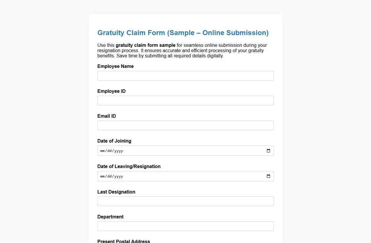 Gratuity claim form sample for resignation online submission image preview