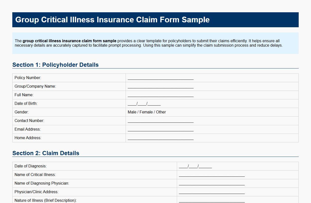 group critical illness insurance claim form sample image preview