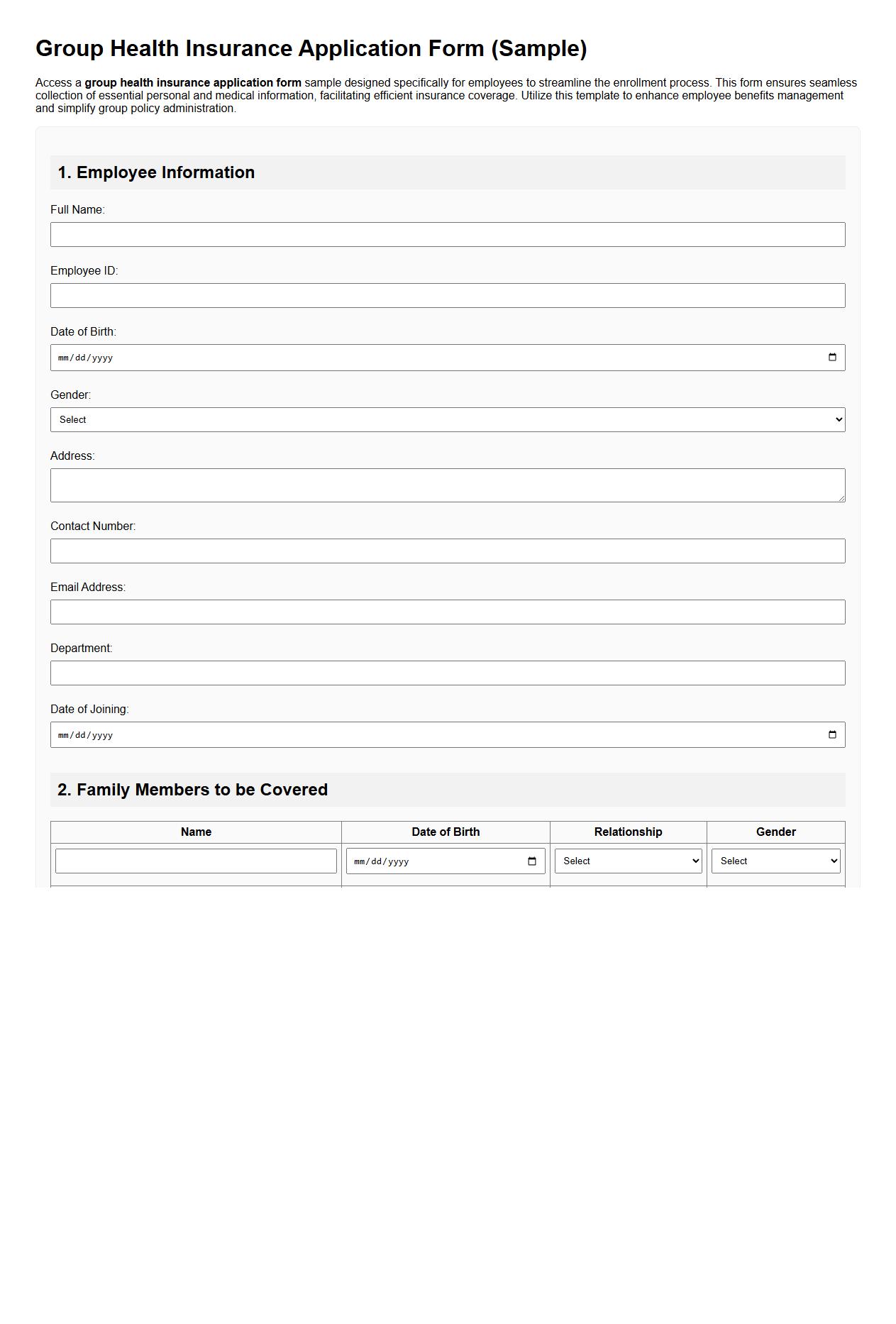 Group health insurance application form sample for employees image preview
