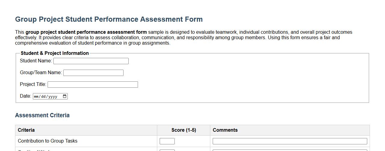 Group project student performance assessment form sample image preview
