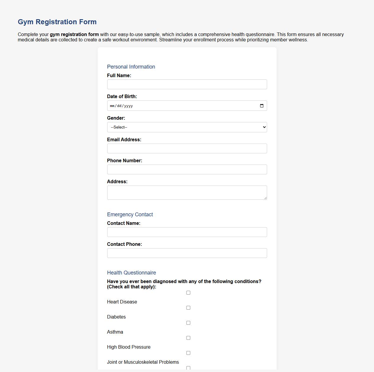 Gym registration form sample including health questionnaire image preview