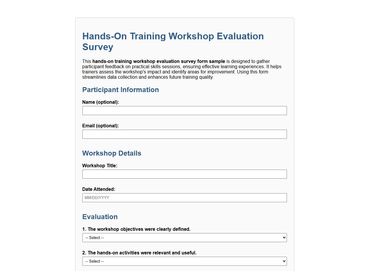 hands-on training workshop evaluation survey form sample image preview