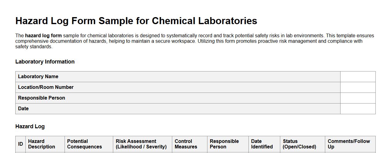 Hazard log form sample for chemical laboratories image preview