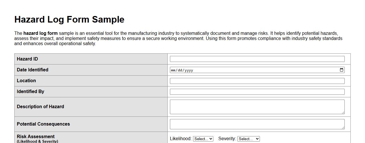 Hazard log form sample for manufacturing industry image preview