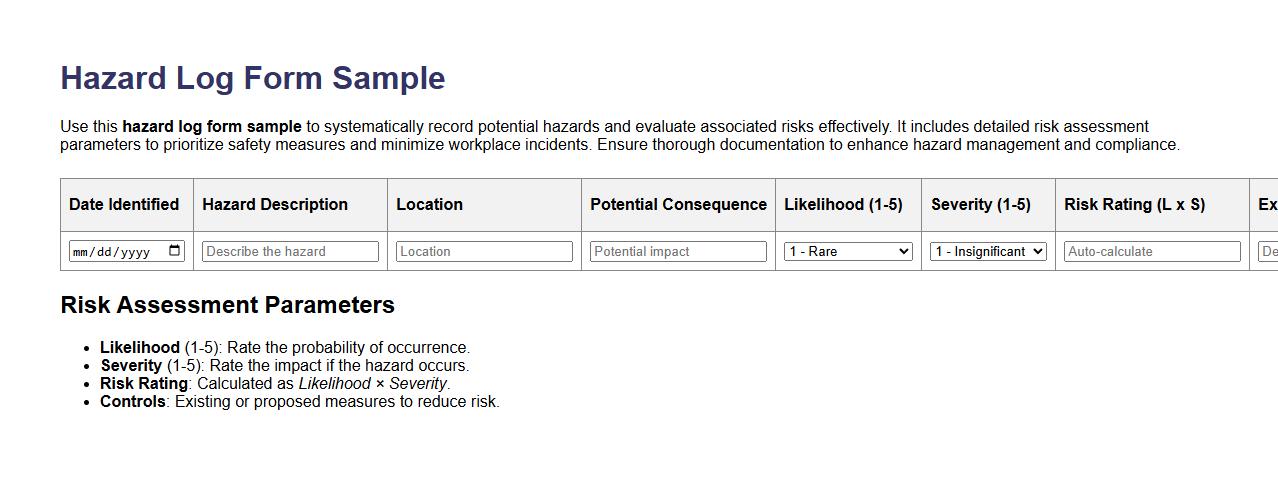 Hazard log form sample with risk assessment parameters image preview