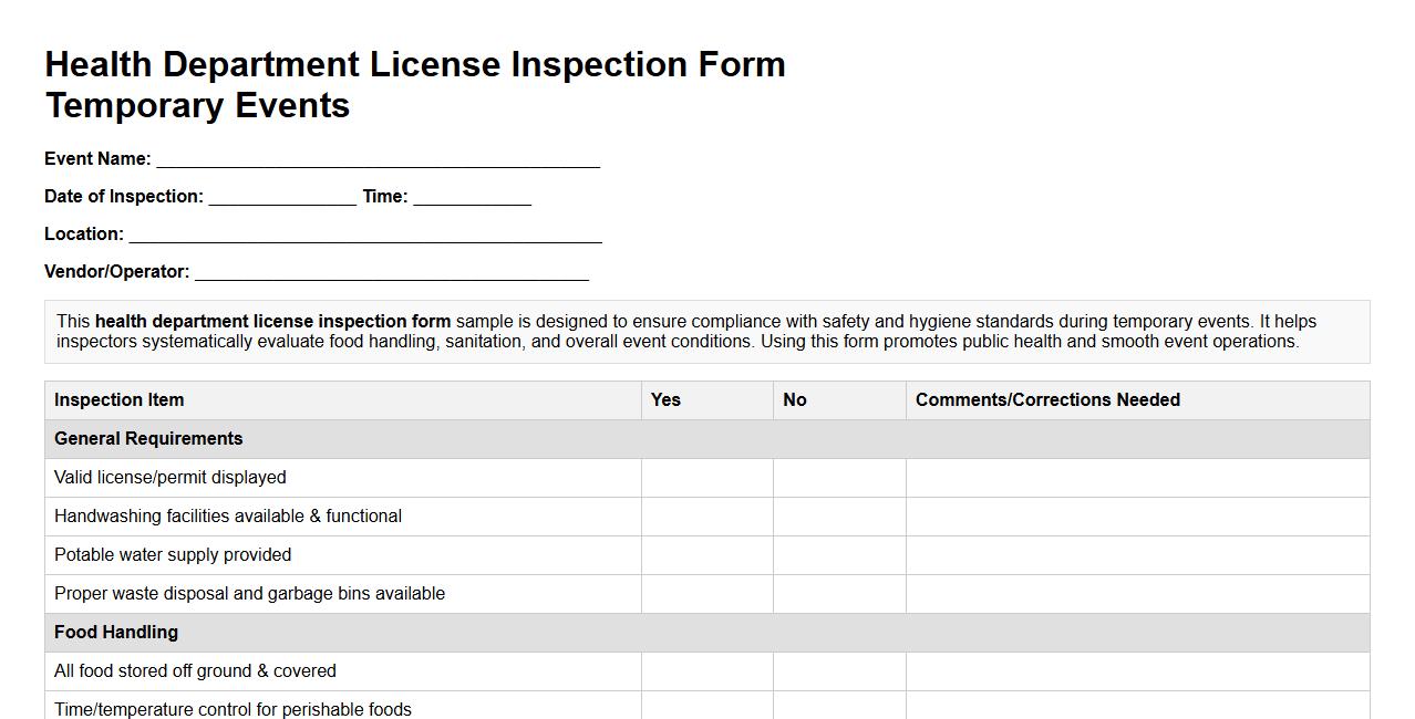 Health department license inspection form sample for temporary events image preview