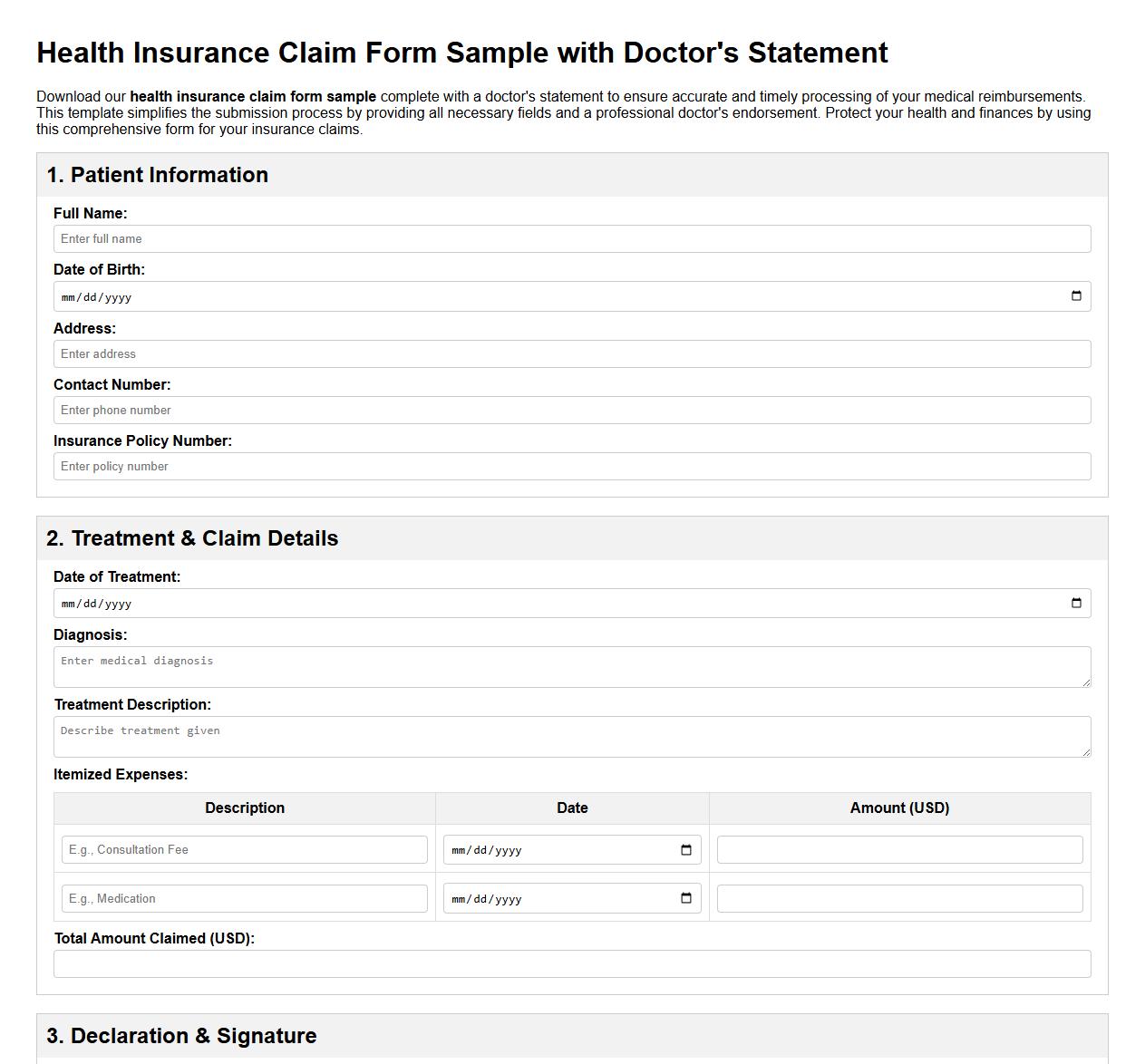 Health insurance claim form sample with doctor's statement image preview