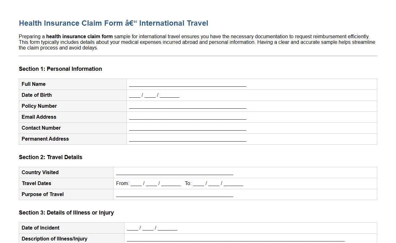 Health insurance claim form sample for international travel image preview