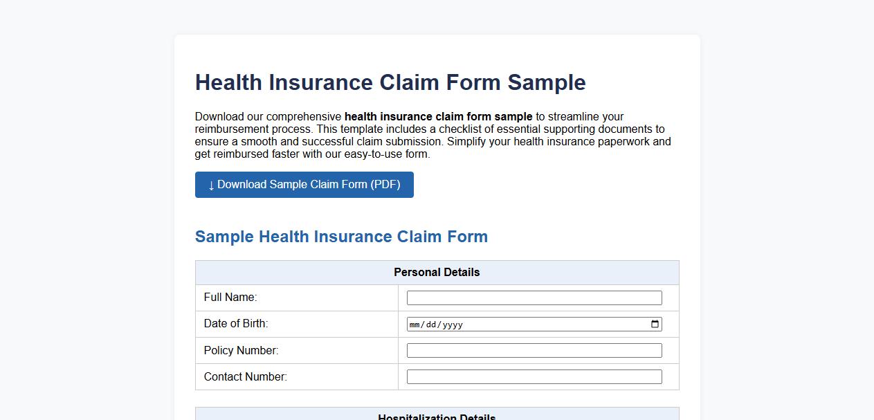 Health insurance claim form sample with supporting documents image preview