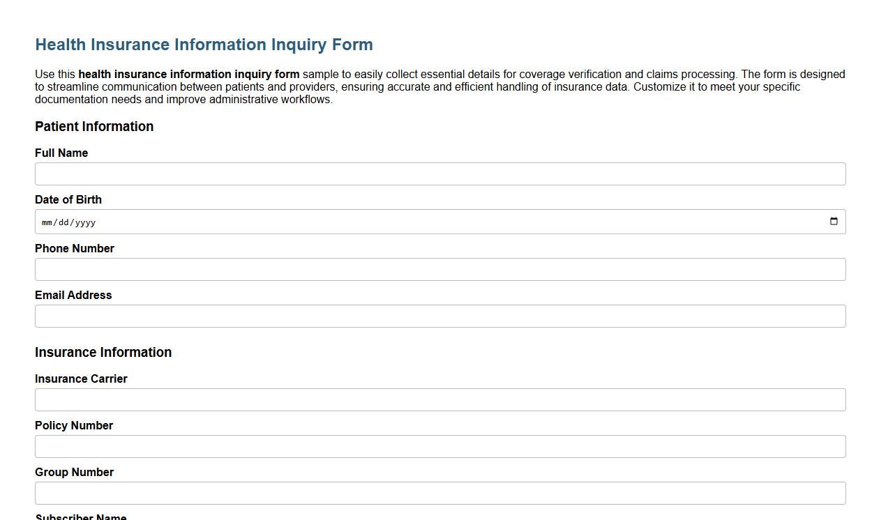 health insurance information inquiry form sample image preview