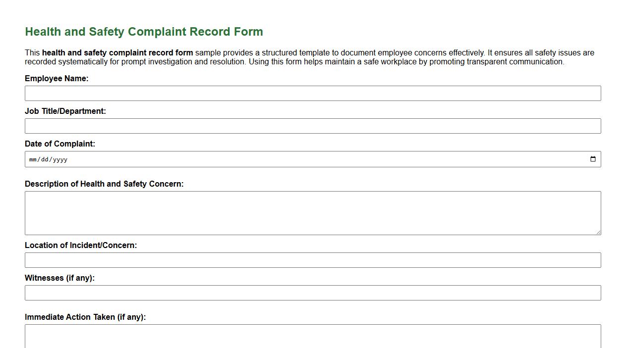 health and safety complaint record form sample image preview