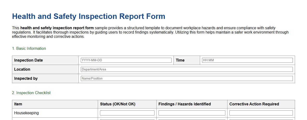 Health and safety inspection report form sample image preview