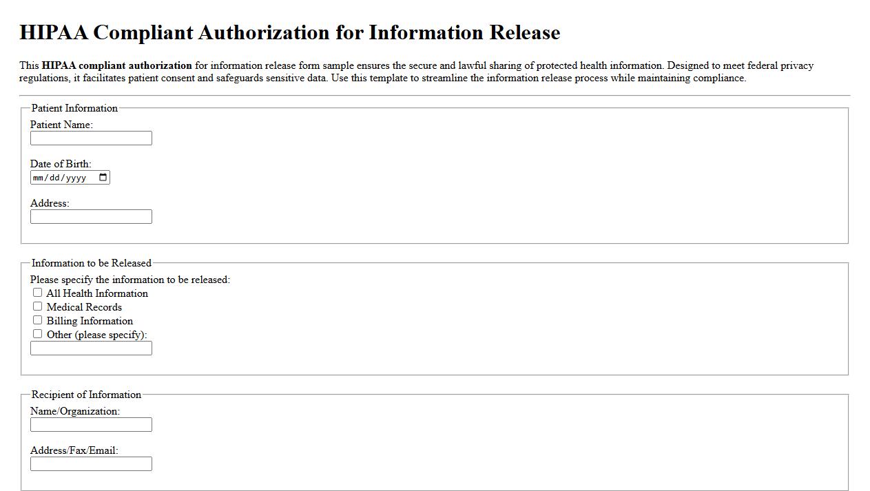 HIPAA compliant authorization for information release form sample image preview