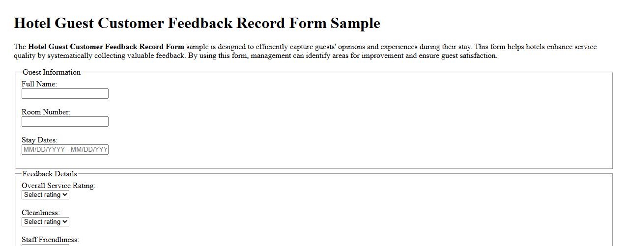 Hotel Guest Customer Feedback Record Form Sample image preview