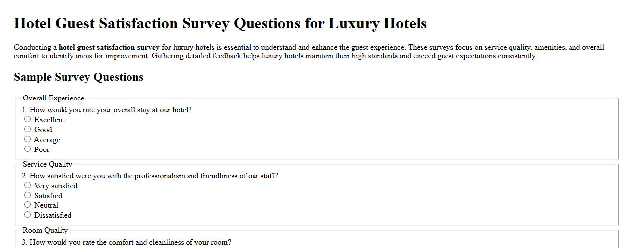 Hotel guest satisfaction survey questions for luxury hotels image preview
