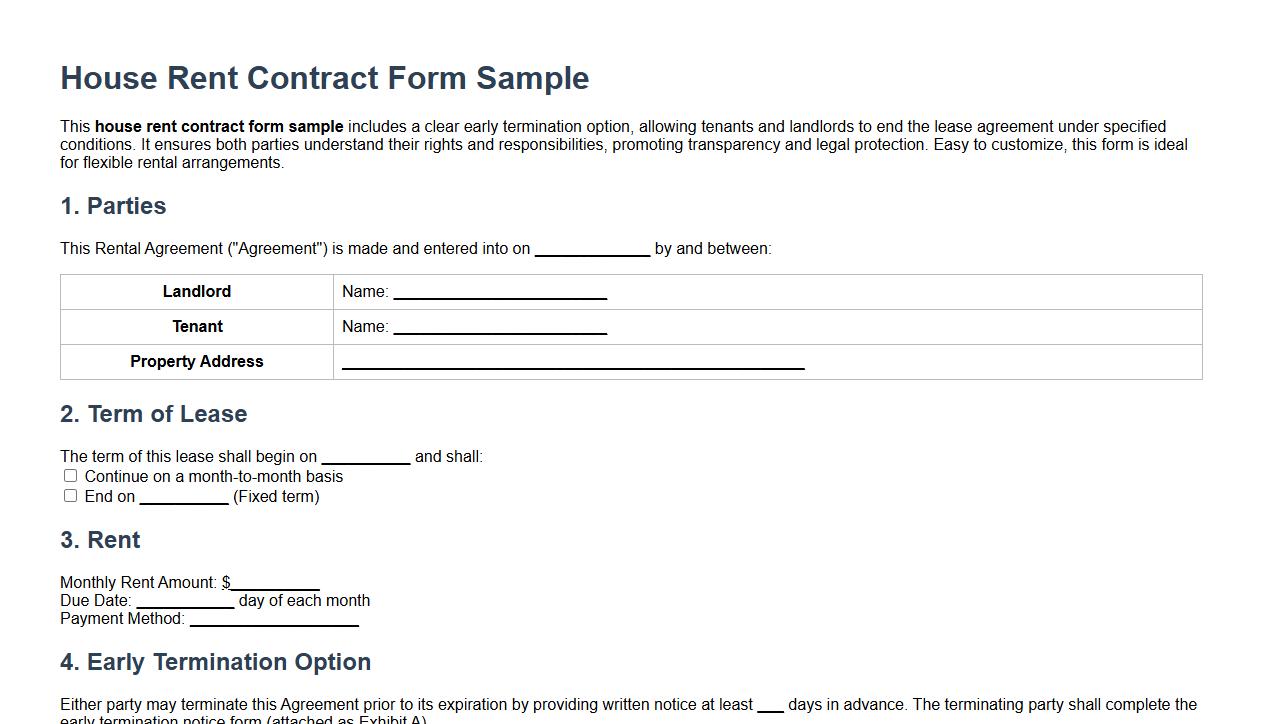 House rent contract form sample with early termination option image preview